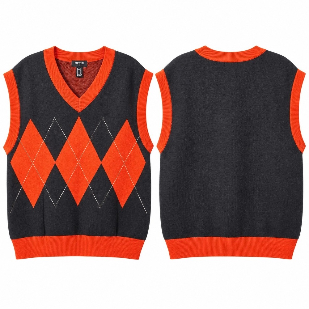 FOREVER 21 Men 100% Cotton Sleeveless Sweater Vest Sz S Red Black Argyle Preppy